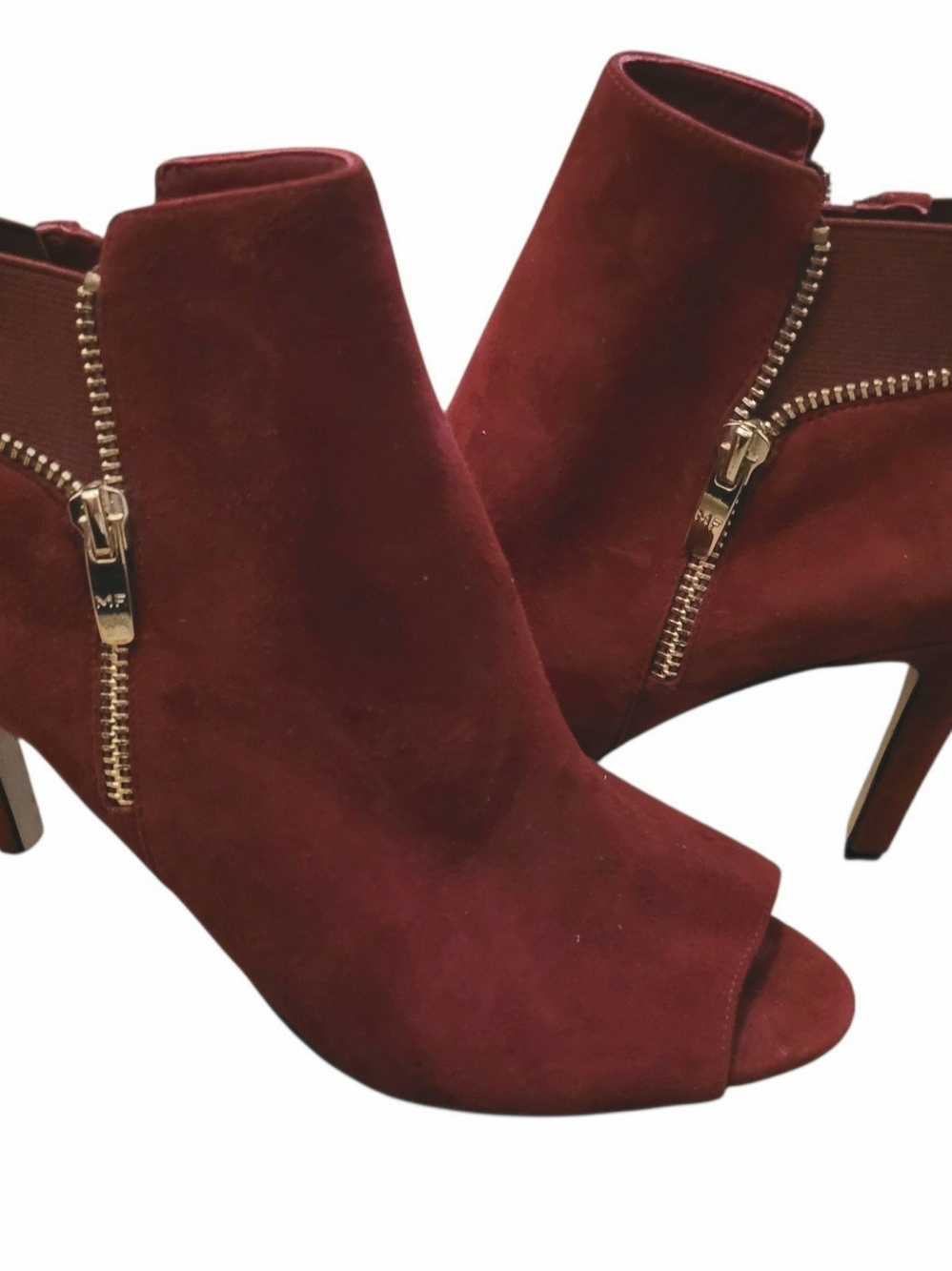 Marc Fisher Burgundy Suede Peep-Toe Ankle Booties with Gold Zippers